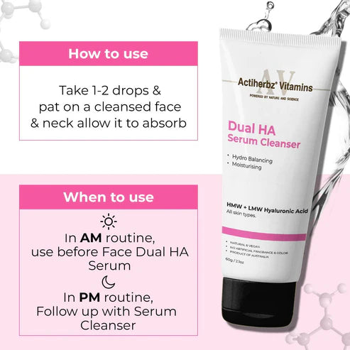 Actiherbz Vitamins Dual HA Serum Cleanser with High & Low Molecular Weight Hyaluronic for Face | Hydro Balancing & Deep Moisturizing face wash | All Skin Types | Natural , vegan | airline travel friendly 60ml
