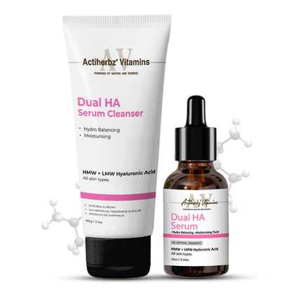 Actiherbz Vitamins Dual HA Face Serum 10ml & Dual HA Serum Cleanser 60ml Combo for Face | LMW + HMW Hyaluronic | Plump Youthful Skin, Hydro Balancing & Deep Moisturizing | All Skin Types | Natural, Vegan