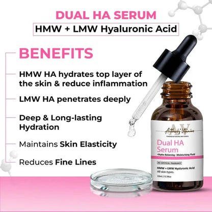 Actiherbz Vitamins Dual HA Face Serum 10ml & Dual HA Serum Cleanser 60ml Combo for Face | LMW + HMW Hyaluronic | Plump Youthful Skin, Hydro Balancing & Deep Moisturizing | All Skin Types | Natural, Vegan