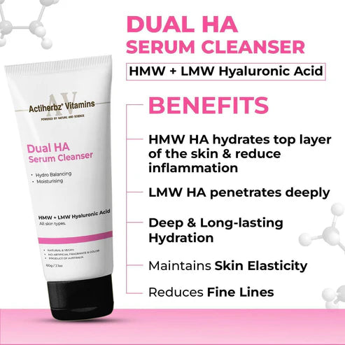 Actiherbz Vitamins Dual HA Face Serum 10ml & Dual HA Serum Cleanser 60ml Combo for Face | LMW + HMW Hyaluronic | Plump Youthful Skin, Hydro Balancing & Deep Moisturizing | All Skin Types | Natural, Vegan