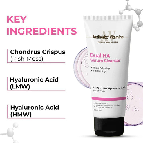 Actiherbz Vitamins Dual HA Serum Cleanser with High & Low Molecular Weight Hyaluronic for Face | Hydro Balancing & Deep Moisturizing face wash | All Skin Types | Natural , vegan | airline travel friendly 60ml