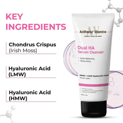 Actiherbz Vitamins Dual HA Serum Cleanser with High & Low Molecular Weight Hyaluronic for Face | Hydro Balancing & Deep Moisturizing face wash | All Skin Types | Natural , vegan | airline travel friendly 60ml