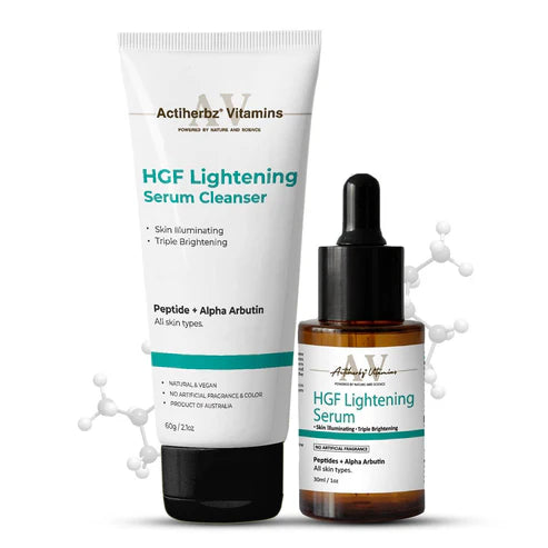 Actiherbz Vitamins HGF Advanced Peptide Lightening Face Serum 30ml & Serum Cleanser 60ml Combo for Face | Nonapeptide, Alpha Arbutin and Hyaluronic Acid | Even Skin Tone, Radiance, Pigmentation Control | For All Skin Types | Natural, Vegan