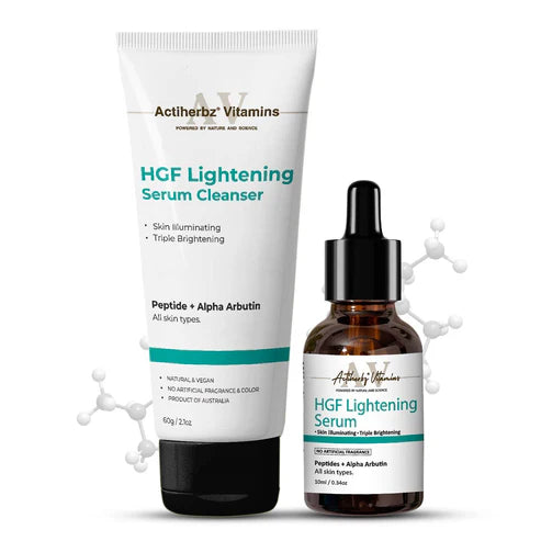 Actiherbz Vitamins HGF Advanced Peptide Lightening Face Serum 10ml & Serum Cleanser 60ml Combo for Face | Nonapeptide, Alpha Arbutin and Hyaluronic Acid | Even Skin Tone, Radiance, Pigmentation Control | For All Skin Types | Natural, Vegan