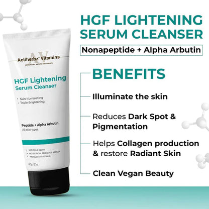Actiherbz Vitamins HGF Advanced Peptide Lightening Face Serum 10ml & Serum Cleanser 60ml Combo for Face | Nonapeptide, Alpha Arbutin and Hyaluronic Acid | Even Skin Tone, Radiance, Pigmentation Control | For All Skin Types | Natural, Vegan
