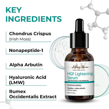 Actiherbz Vitamins HGF Advanced Peptide Lightening Face Serum 10ml & Serum Cleanser 60ml Combo for Face | Nonapeptide, Alpha Arbutin and Hyaluronic Acid | Even Skin Tone, Radiance, Pigmentation Control | For All Skin Types | Natural, Vegan