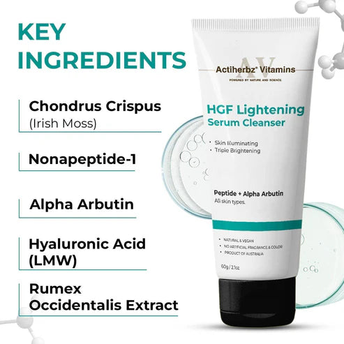 Actiherbz Vitamins HGF Lightening Serum Cleanser - Nonapeptide & Alpha Arbutin Face Wash Cleanser For Skin Radiance & Even Tone | Triple Glow Boost Formula For All Skin Types | Airline Travel Friendly | 60ml