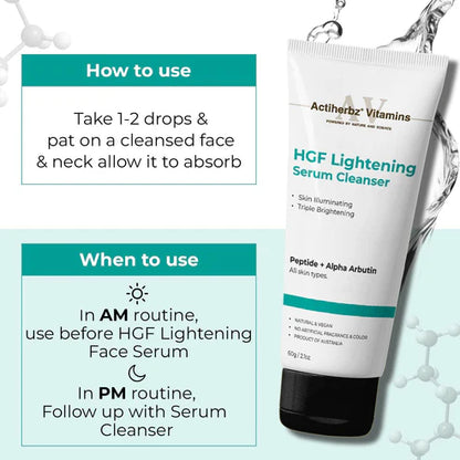 Actiherbz Vitamins HGF Lightening Serum Cleanser - Nonapeptide & Alpha Arbutin Face Wash Cleanser For Skin Radiance & Even Tone | Triple Glow Boost Formula For All Skin Types | Airline Travel Friendly | 60ml