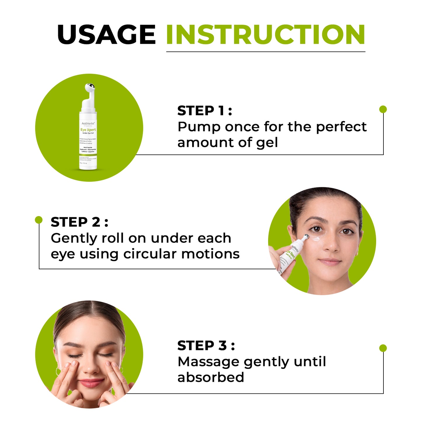 Actiherbz Vitamins Advanced Multi-Peptide Under Eye Gel with Hyaluronic Acid, Niacinamide & Caffeine | Reduces Dark Circles, Puffiness & Fine Lines | Cooling Roll-On Formula | 15gm