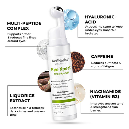 Actiherbz Vitamins Advanced Multi-Peptide Under Eye Gel with Hyaluronic Acid, Niacinamide & Caffeine | Reduces Dark Circles, Puffiness & Fine Lines | Cooling Roll-On Formula | 15gm