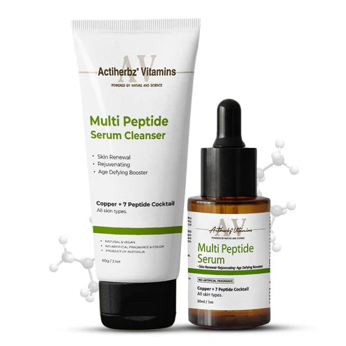 Actiherbz Multi Peptide + copper Face Serum 30ml & Serum Cleanser 60ml with 8 Peptide Cocktail for Improves Skin Elasticity, Skin Renewal and Age-Defying Booster | All Skin Types