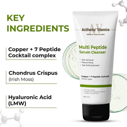 Actiherbz Multi Peptide + copper Face Serum 30ml & Serum Cleanser 60ml with 8 Peptide Cocktail for Improves Skin Elasticity, Skin Renewal and Age-Defying Booster | All Skin Types