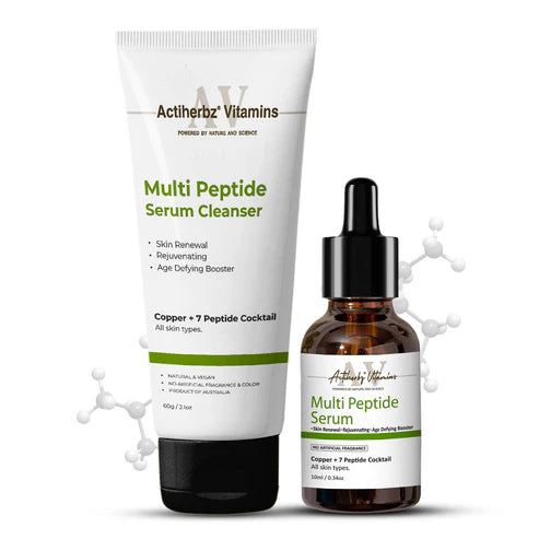 Actiherbz Multi Peptide + copper Face Serum 10ml & Serum Cleanser 60ml with 8 Peptide Cocktail for Improves Skin Elasticity, Skin Renewal and Age-Defying Booster | All Skin Types