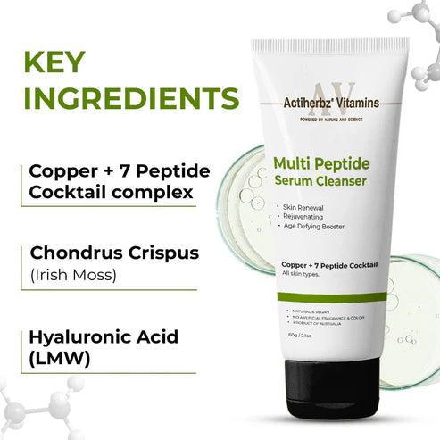 Actiherbz Multi Peptide + copper Face Serum 10ml & Serum Cleanser 60ml with 8 Peptide Cocktail for Improves Skin Elasticity, Skin Renewal and Age-Defying Booster | All Skin Types