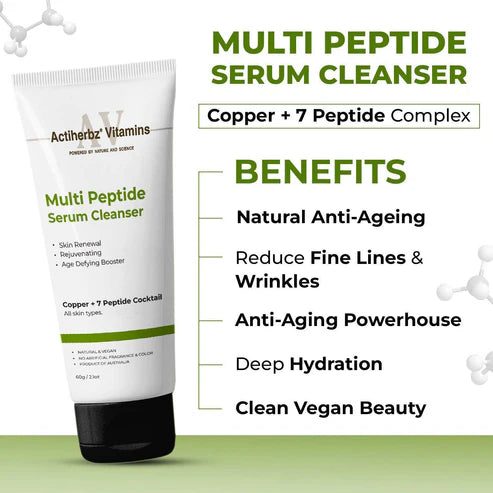 Actiherbz Multi Peptide + copper Face Serum 10ml & Serum Cleanser 60ml with 8 Peptide Cocktail for Improves Skin Elasticity, Skin Renewal and Age-Defying Booster | All Skin Types