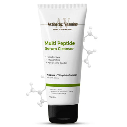 Actiherbz Multi Peptide + copper Serum Cleanser with 8 Peptide Cocktail | Skin Renewal, Rejuvenation & Age-Defying Booster | Hydrating Face wash Cleanser for All Skin Types | airline travel friendly 60ml