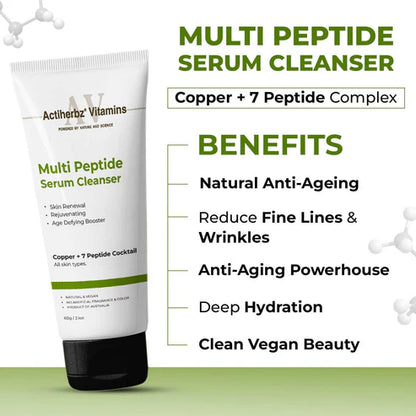 Actiherbz Multi Peptide + copper Serum Cleanser with 8 Peptide Cocktail | Skin Renewal, Rejuvenation & Age-Defying Booster | Hydrating Face wash Cleanser for All Skin Types | airline travel friendly 60ml
