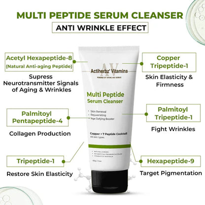 Actiherbz Multi Peptide + copper Serum Cleanser with 8 Peptide Cocktail | Skin Renewal, Rejuvenation & Age-Defying Booster | Hydrating Face wash Cleanser for All Skin Types | airline travel friendly 60ml