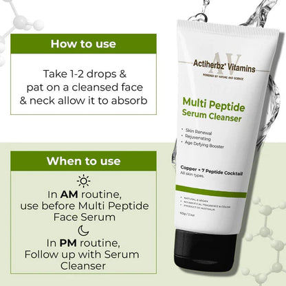 Actiherbz Multi Peptide + copper Serum Cleanser with 8 Peptide Cocktail | Skin Renewal, Rejuvenation & Age-Defying Booster | Hydrating Face wash Cleanser for All Skin Types | airline travel friendly 60ml