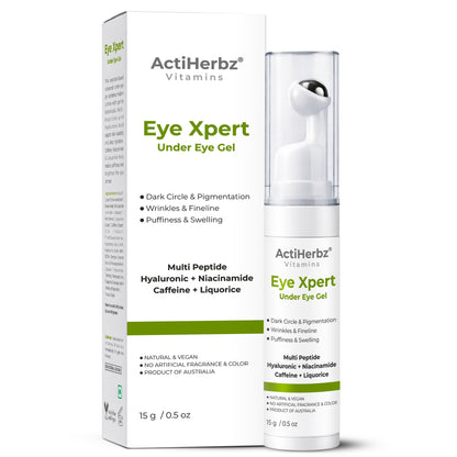 Actiherbz Vitamins Advanced Multi-Peptide Under Eye Gel with Hyaluronic Acid, Niacinamide & Caffeine | Reduces Dark Circles, Puffiness & Fine Lines | Cooling Roll-On Formula | 15gm