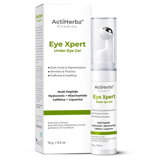 Actiherbz Vitamins Advanced Multi-Peptide Under Eye Gel with Hyaluronic Acid, Niacinamide & Caffeine | Reduces Dark Circles, Puffiness & Fine Lines | Cooling Roll-On Formula | 15gm