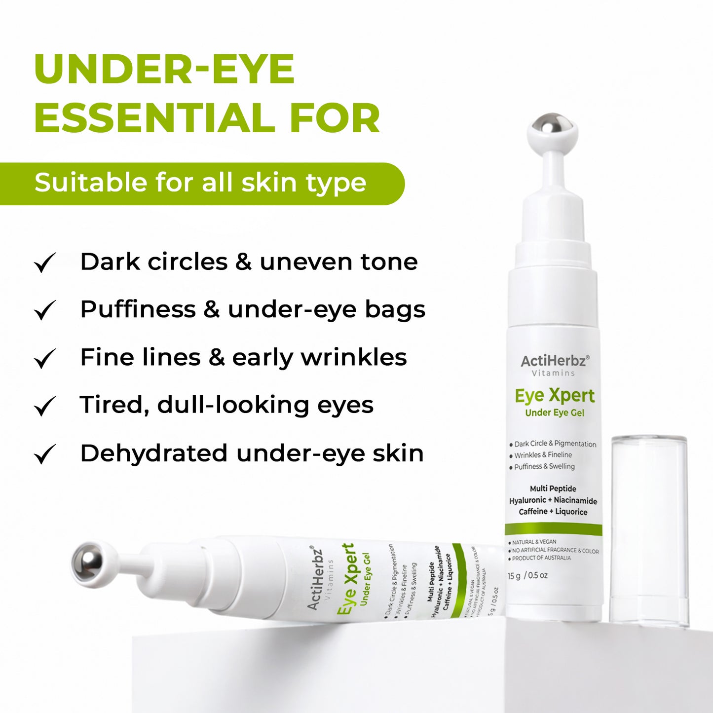 Actiherbz Vitamins Advanced Multi-Peptide Under Eye Gel with Hyaluronic Acid, Niacinamide & Caffeine | Reduces Dark Circles, Puffiness & Fine Lines | Cooling Roll-On Formula | 15gm