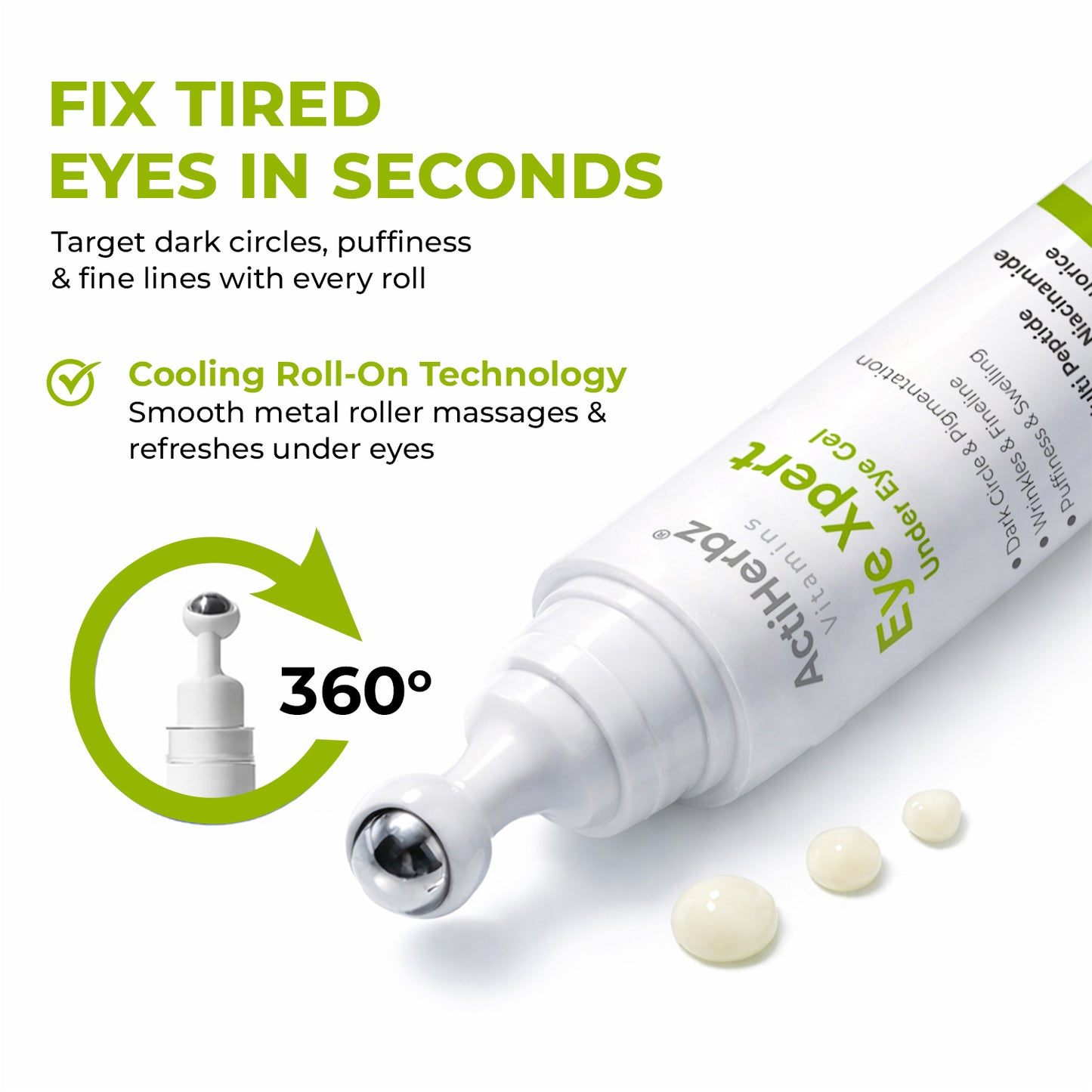 Actiherbz Vitamins Advanced Multi-Peptide Under Eye Gel with Hyaluronic Acid, Niacinamide & Caffeine | Reduces Dark Circles, Puffiness & Fine Lines | Cooling Roll-On Formula | 15gm