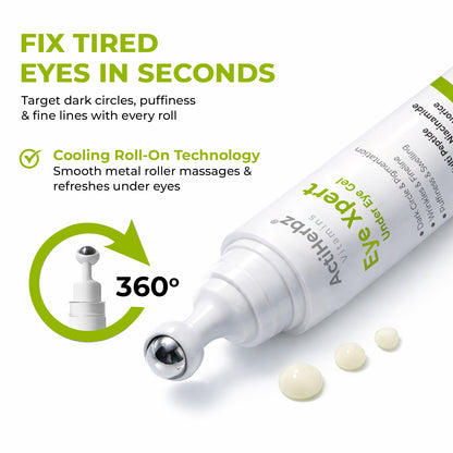 Actiherbz Vitamins Advanced Multi-Peptide Under Eye Gel with Hyaluronic Acid, Niacinamide & Caffeine | Reduces Dark Circles, Puffiness & Fine Lines | Cooling Roll-On Formula | 15gm